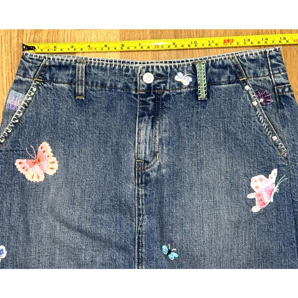 Y2k Gap Jean Skirt 6 Midi Embroidered Butterflies Patches Boho Festival Whimsy - Picture 11 of 16